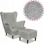 Fotel uszak Bella z podnóżkiem szary welur plusz