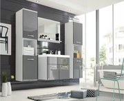 Zestaw mebli łazienkowych, komplet wiszący z umywalką, lustrem i 2 słupkami, korpus biały fronty szary połysk