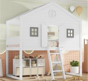 Łóżko piętrowe 90x200 cm z litego drewna - z drabinką - w kształcie dachu - Białe