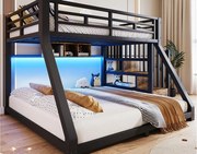 Łóżko piętrowe 90x200cm + 140x200cm - z taśmą LED - trzy przegródki do przechowywania - z drabiną - czarny (materac nie jest wliczony w cenę)