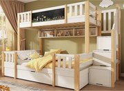 Łóżko piętrowe 90x200cm + 140x200cm - z tablicą kredową - z 1 szufladą i schodkami z miejscem do przechowywania - Drewno lite + MDF - Biały + Kolor naturalny