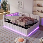 Sofa rozkładana 140x200 cm z pojemnikiem, oświetleniem LED i portem USB – beżowy aksamit (bez materaca)