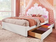 Łóżko dziecięce tapicerowane 140x200 cm - z LED i 2 szufladami - Białe