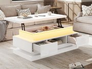 Stolik kawowy podnoszony 100x50x40 cm - z 2 szufladami - oświetlenie LED - Wykończenie lakierowane błyszczące - Płyta wiórowa - Biały