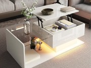 Regulowany stolik kawowy wysokopołysk 100×50×47,5 cm - Szklany blat - Oświetlenie LED - Płyty wiórowe - biały