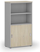 Szafa biurowa kombinowana PRIMO GRAY, drzwi przesuwne na 2 poziomach, 800 x 420 x 1434 mm, szary/dąb naturalny