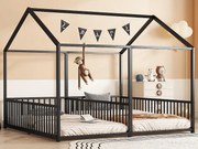 Łóżko piętrowe metalowe 2x90x200cm - z dachem i stelażem na listwy - Czarne