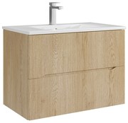 Podwieszana szafka łazienkowa prążkowana z  z umywalką do zabudowy i kranem - Jasny naturalny - 80 cm - ORISO