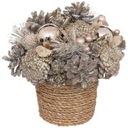 Kompozycja z szyszek i bombek w plecionej doniczce, 19 cm
