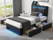 Łóżko z szufladami 90x200 cm z ekoskóry - z LED i portami ładowania (przewodowymi i bezprzewodowymi) - Czarne