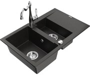 Mexen Gaspar zlewozmywak granitowy 1,5-komorowy z ociekaczem i baterią kuchenną Carla, czarny/złoty metalik - 6507-75-670700-00