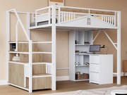 Łóżko antresolowe metalowe 140x200 cm - z drabinką ze schowkiem - Białe (materac nie jest dołączony)