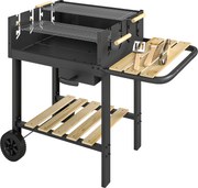 Outsunny Grill na węgiel drzewny z 4-stopniową regulacją wysokości rusztu, 2 drewniane półki, 2 kółka, tacka na popiół, 99,5 x 58 x 82 cm | Aosom PL