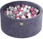 Okrągły Suchy Basen Z Piłeczkami 7cm Dla Dziecka, 90x40cm/300 Piłek, Welurowy, Szaroniebieski, Piłki: Białe, Szare, Jasnoróżowe - Meowbaby®