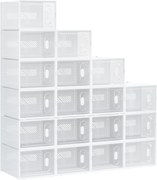 HOMCOM 18-elementowy regał na buty, stabelowane pudełka na buty do rozmiaru 45, magnetyczne drzwi, tworzywo sztuczne, 28 x 36 x 21 cm