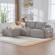 Sofa modułowa 3-osobowa - 268 x 174 x 80 cm - z 1 pufem + uchwytem na kubek + kieszenią do przechowywania - aksamit - jasnoszary