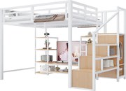 Łóżko na antresoli 140x200 - Z gniazdkiem elektrycznym - Z przegródkami do przechowywania - Z drabiną z pojemnikami - Biały​ (materac nie jest wliczony w cenę)
