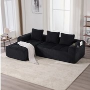 Kompaktowa modułowa sofa w kolorze sztruksowym z kieszeniami bocznymi i poduszkami, czarna – elegancja i funkcjonalność do codziennego użytku