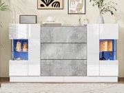 Bufet z LED - 2 drzwi i 3 szuflady - błyszcząca biała fasada i szary marmurowy wygląd - Biały