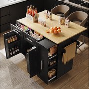 Wyspa kuchenna - wózek na kółkach z chowanym blatem - 2 szuflady i 2 drzwi - Czarny