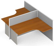 Narożne biurko PRIMO z panelami, w kształcie T, tablica, 2 stanowiska, szara/czereśnia