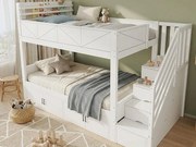 Łóżko piętrowe dziecięce 90x200 cm - schody z pojemnikiem - dolny poziom z szafkami - Drewno lite + MDF - Biały (bez materaca)