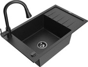 Mexen Elias zlewozmywak granitowy 1-komorowy z ociekaczem i baterią kuchenną Elia, czarny/srebrny metalik - 6511-73-670101-70-B