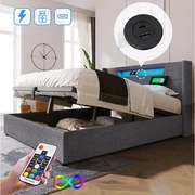 Łóżko ze schowkiem 140x200 cm - szary len - łóżko młodzieżowe z funkcją ładowania przez USB i oświetleniem LED - bez materaca