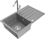 Mexen Bruno zlewozmywak granitowy 1-komorowy z ociekaczem i baterią kuchenną Flora, szary - 6513-71-670401-06