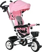 HOMCOM 6-w-1 Dziecięce Trójkołowiec z Rączką do Pchania, Daszek, Pas bezpieczeństwa, Koszyk, 18+ Miesięcy, Różowy