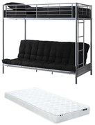 Łóżko na antresoli 90 x 190 cm - Z rozkładaną ławką - Metal - Srebrny + Futon + Materac - MODULO V