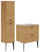 Szafka łazienkowa na nóżkach z umywalką do zbudowy i słupkiem, z prążkowanym frontem- 2 szuflady - Jasny naturalny - 60 cm - SARONE