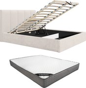 Łóżko ze skrzynią 140 x 190 cm zagłówkiem z pionowymi szwami - Materiał - Beżowy - Z materacem - KILACLO