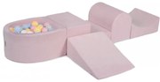 Piankowy Zestaw Do Zabawy Z Suchym Basenem 57x45x30cm/100 Piłek 7cm, Plac Zabaw Dla Dziecka, 5 Elementów, Welurowy, Jasnoróżowy, Piłki: Błękitne, Białe, Miętowe, Pastelowy Róż, Pastelowożółte - Meowbaby®