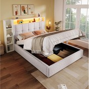 Łóżko z pojemnikiem 90x200 cm - z zagłówkiem, schowkiem i oświetleniem LED - beżowy len - materac nie jest wliczony w cenę