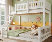Łóżko piętrowe 90x200 cm + 140x200 cm - z drabiną - z barierką - biały (materac nie jest dołączony)