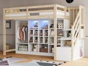 Łóżko na antresoli 90x200 cm - z przegródkami do przechowywania - z szafą - z oświetleniem LED - z drabiną bezpieczeństwa - naturalny