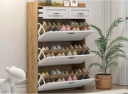 Szafka na buty 80x23,5x125cm - z trzema dużymi klapami - z 2 szufladami - biała + naturalna