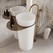 Umywalka z konglomeratu wolnostojąca okrągła z półką szklaną 85 x 40 cm RONA bez przelewu | Różne kolory półki : Kolor szkła - Brązowy, Kolor umywalki RONA - Biały matowy, Podłączenie syfonu - Do ściany, Półka - Szklana