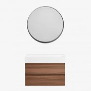 Zestaw Mebli Łazienkowych Z Drewna I Forniru Jesionowego Z Wbudowaną Umywalką Ona Ciemna Czerń & Okrągła Led - Sklum