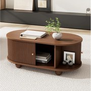 Stolik kawowy orzechowy - 100 x 50 x 40 cm - ze schowkiem + drzwi przesuwne - MDF - ciemny naturalny