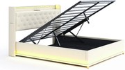 Łóżko 160x200 cm z pojemnikiem - Łóżko dla dorosłych z oświetleniem LED i ładowaniem USB - beżowy len - bez materaca