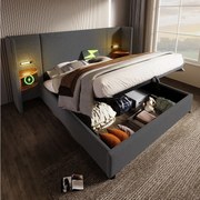 Łóżko z pojemnikiem 180x200 cm - z zagłówkiem, schowkiem, USB/Typ-C, na stelażu - len - szary - bez materaca