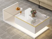 Nowoczesny stolik kawowy – Szkło – Oświetlenie LED – Schowek – Biały