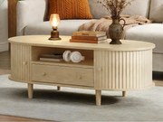 Owalny stolik kawowy 100x50x36 cm - 1 szuflada i 2 drzwi przesuwne - Otwarte miejsce do przechowywania - Fornir orzechowy - MDF - Naturalny