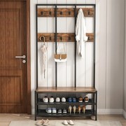 Szafa do przedpokoju z ławką i półką na buty 100x40x186 cm – styl industrialny, kolor ciemny brąz.