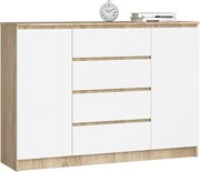Komoda AKORD K140 Dąb Sonoma 138 cm 2 drzwi 4 szuflady kolor Biały mat 4 półki 138x40x99 cm