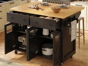 Mobilna wyspa kuchenna - Rozkładany blat - 140x73x93.5 cm - 2 szuflady i 4 drzwi - otwarte półki - z wieszakiem na ręczniki - MDF - Czarny