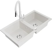 Mexen Mario zlewozmywak granitowy 2-komorowy z baterią kuchenną Savita, biały - 6504-20-672601-20