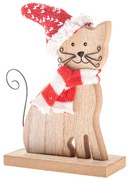 Drewniany kot z dzianinowym szalikiem i czapką, 14 cm
